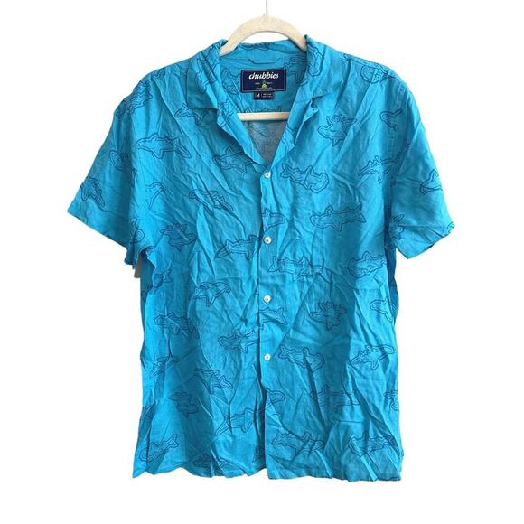 NWOT Chubbies Prey At The Bay Hammerhead Shark Button Down Shirt Blue Size M - Picture 1 of 5